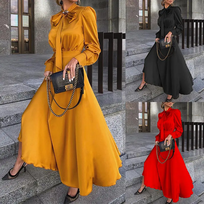 Autumn New Women's Long Sleeved Solid Color Dress Temperament Elegant Bowknot Ladies Maxi Long Dress