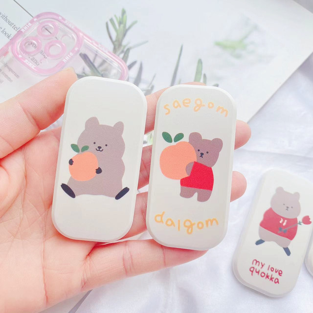Cute Bear Print Design Sliding Phone Grip Folding Desk Mobile Phone Holder Hidden Phone Stand Socket