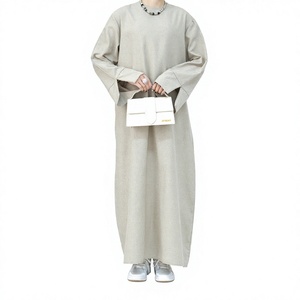 Vestido Abaya Elegante y Sencillo de Lana para Mujer, Largo hasta el Suelo, Cuello Redondo, Manga Larga, Color Sólido, para Otoño - Product Image 1