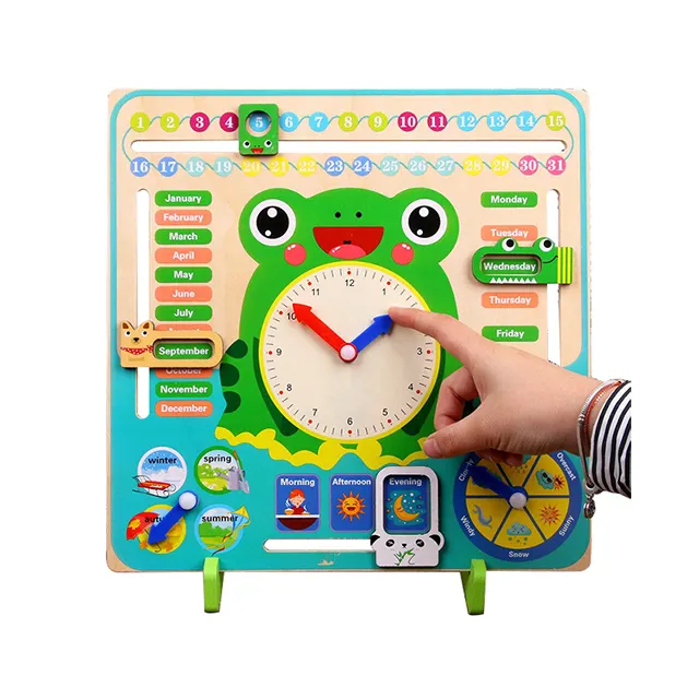 Wooden Cartoon Frog Learning Time Set Kids Calender Teaching Clock Toys Cognitive Clocks Kids For Children