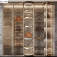 Vitrine de présentation de sacs à main Maxsen de luxe en acier inoxydable doré avec éclairage LED, étagère en verre, vitrine de sacs pour boutique, écologique et robuste