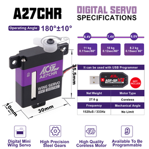 AGFRC A27CHR Engranaje Metálico 10.2KG Alto Torque 8.4V HV 0.10s Alta Velocidad 10mm Digital Programable Slim Wing CLS para Avión RC y Coche - Product Image 5