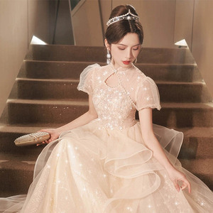 Champagne Cheongsam Evening Dress High Neck Empire Waist 3D Stereoscopic Patterns Chinoiserie Coming Of Age Ceremony Gown - Product Image 3
