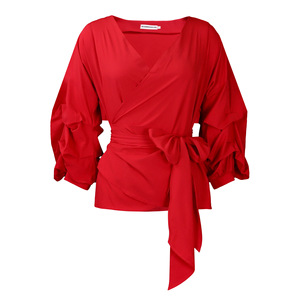 เสื้อยืดคอวีเซ็กซี่สำหรับผู้หญิงเสื้อยืดแขนพองผูกไขว้ไร้สายสีพื้นแฟชั่น - Product Image 4