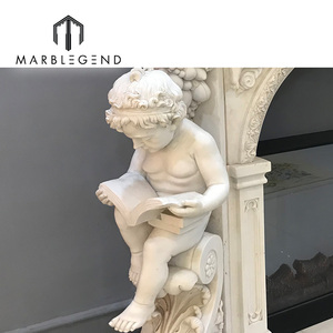 เตาผิงคลาสสิกยุโรปล้อมรอบมือแกะสลัก Cherubs ขาว Carrara หิ้งเตาผิงหินอ่อนสำหรับวิลล่า - Product Image 4
