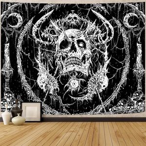 Tapisserie murale en polyester imprimée avec des motifs de crânes, d'araignées et de squelettes pour Halloween, lavable en machine, décoration murale, vente en gros - Product Image 1