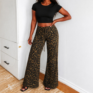 Pantalon évasé taille basse respirant à imprimé léopard pour femme, coupe droite, style culotte, idéal pour les soirées et les clubs, pantalon large - Product Image 6
