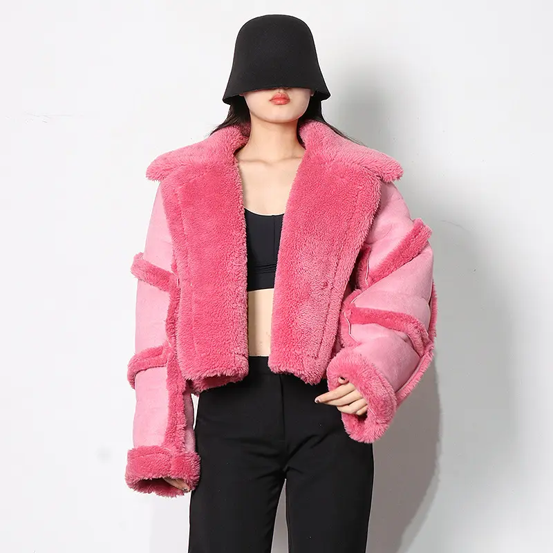 Short Style Turn-Down Collar Lamb Wool Girls Jackets Fur Thicken Coat Women