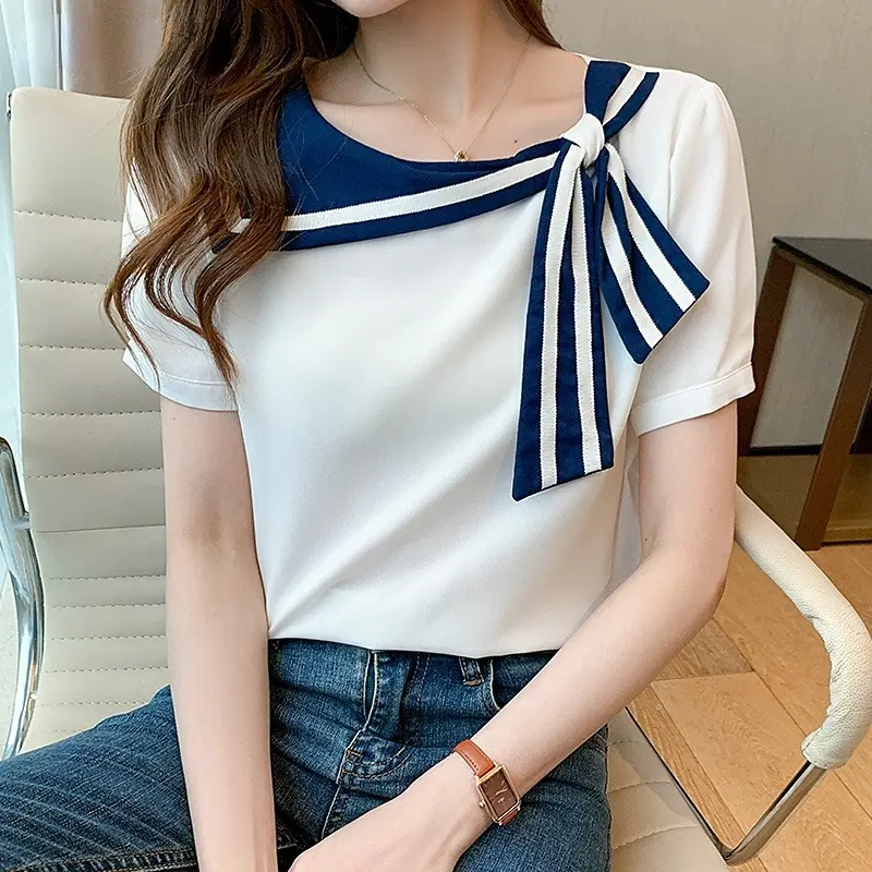Dark Blue White Sailor Collar Fashion Korean Summer Chiffon Casual Blouse for Women Campus Office Lady Tops