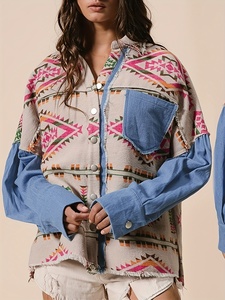 Chaqueta Vintage de Otoño, Elegante, con Parches de Mezclilla, Estampado <span class=keywords><strong>Azteca</strong></span>, Cierre de Botón, Camisa <span class=keywords><strong>Azteca</strong></span> para Mujer - Product Image 4