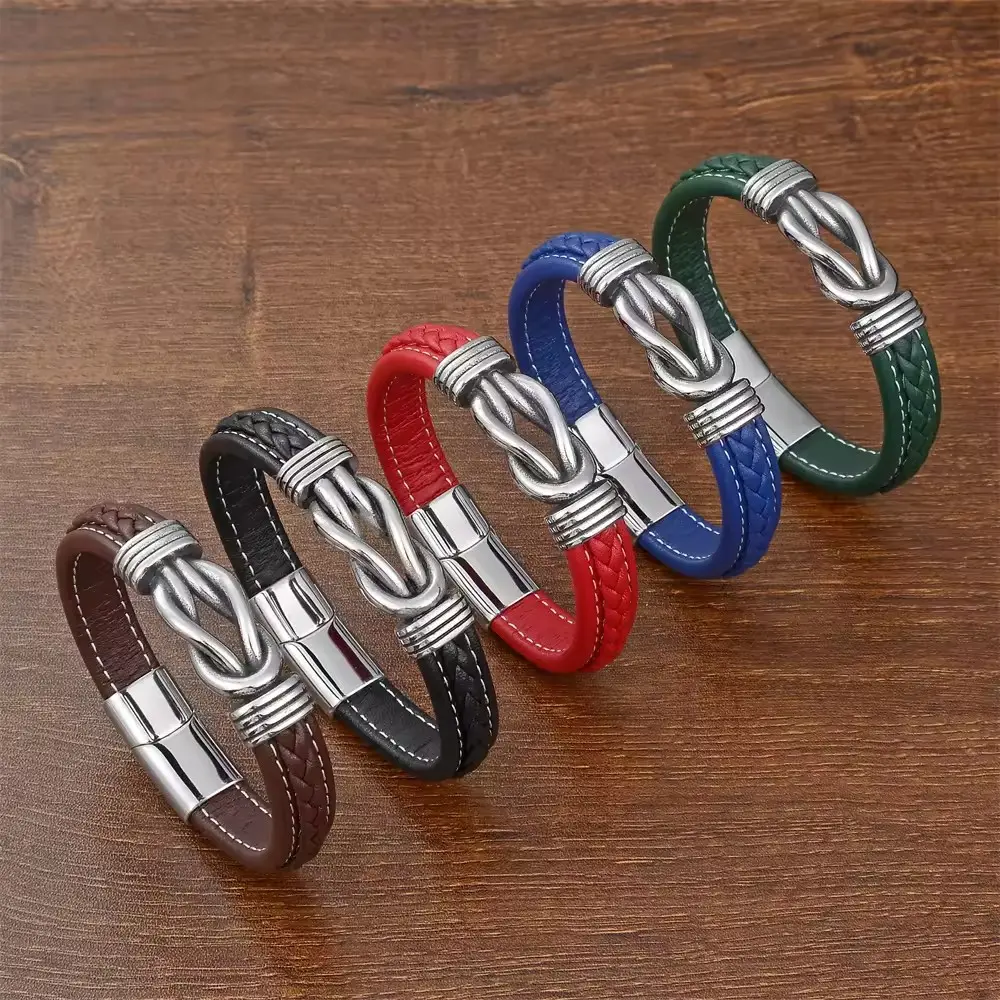 Nouveau design Bracelet en cuir à nœud infini Bracelet en cuir tressé à fermoir magnétique en acier inoxydable Pulsera