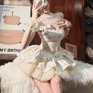 Sweet Polka Dot Mesh Tulle Dress Strapless Ruffles Natural Waistline Translucent Summer Club Dress - Product Image 4