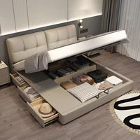 Lit de rangement moderne rembourré avec sommier relevable et tiroirs latéraux : Lit plateforme en similicuir capitonné à grille en gris clair