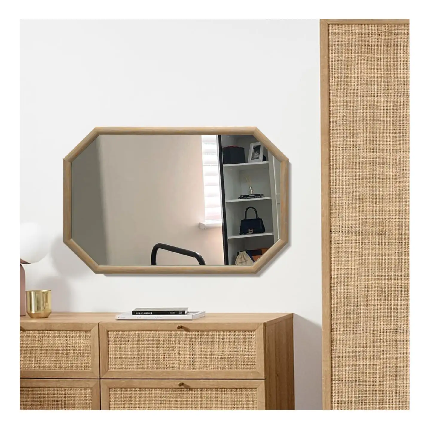 Customized Oblong Octagon Framed Mirror Hanging Wall Mirror with Natural Wood Frame for Living Room