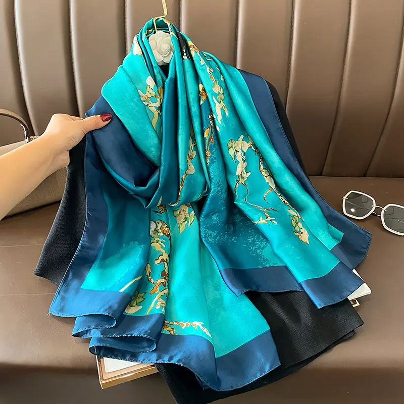 Wholesale 2024 Flower Pashmina Scarf Silk Hijab Shawl Long Scarf With Fower Printed HeadWrap