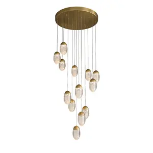 long Acrylic chandelier spiral chandelier for home hotel Copper material led stairs lights copper pendant lights
