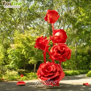 Beautiful Bright Red Metal Rose Flower Sculpture Outdoor Stainless Steel for Garden