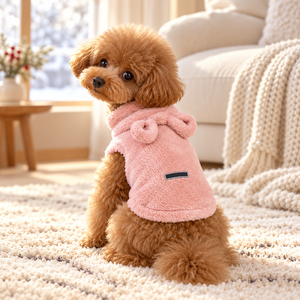 Sweat à capuche rose en polaire pour chien, manteau chaud d'hiver avec oreilles d'ours en peluche pour petits chiens - Product Image 1