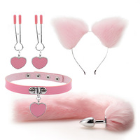 Ensemble populaire d'accessoires de bondage pour lesbiennes : Plug anal en métal, queue de lapin/renard/chat, pinces à tétons, bandeau, oreilles de chat et autres jouets sexuels SM