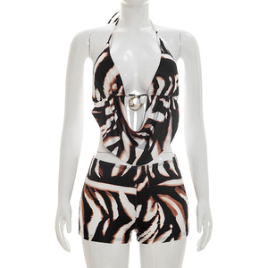 J26ST166 Ensemble court sexy pour femme, style européen et américain, printemps/été, col licou, <span class=keywords><strong>dos</strong></span> <span class=keywords><strong>nu</strong></span>, imprimé, orné de coquillages, longueur au-dessus du genou, pour club - Product Image 5