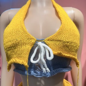 Conjunto de 2 piezas de punto con borlas y patchwork para <span class=keywords><strong>mujer</strong></span>: chaleco halter sin espalda con cuello en V y falda hueca - Product Image 3