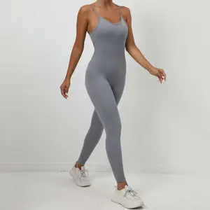 Nackt grau schwarz elastisch Gymnastik Jogging Übung Training Fitnessstudio Trainingsanzug Weich OEM Einteiliger Onsie Damen Sport-Jumpsuit