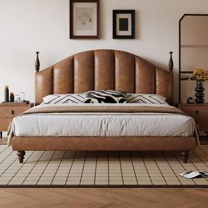 French Retro Genuine Leather <b>Bed</b> 1500mm 2000mm 1800mm 2000mm 2000mm 2200mm With Soft Backrest Master Bedroom Double <b>Bed</b> - Product Image 2