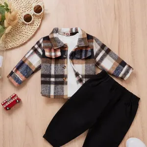 Conjunto de ropa de bebé a cuadros de lana de algodón 100% personalizado, ropa de otoño e invierno para niños pequeños