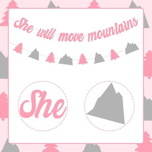 Decorazioni per Baby Shower a Tema Montagna, Striscione 'She Will Move Mountains', Banner con Alberi di Montagna Rosa <span class=keywords><strong>e</strong></span> Grigio per Festa Baby Shower Avventura - Product Image 1