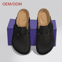 Mules en suède en gros pour hommes et femmes, semelle en liège, logo personnalisé, pantoufles de créateur, mules à enfiler, soutien anatomique de la voûte plantaire