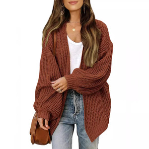 Women's Lantern Sleeve Chunky Knit Cardigan V Neck Loose Solid Color Sweater Coat Autumn Winter Fashion Outerwear - Product Image 4