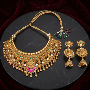 Gold Plated Religious Beads Antique Mukut Necklace Set with Emotion Design 206936 - Product Image 2