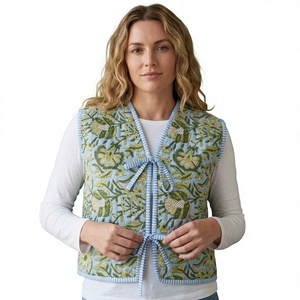Gilet matelassé 100 % coton réversible sans manches, imprimé floral, léger, fait main, à nouer sur le devant, rembourré pour l'hiver - Product Image 1