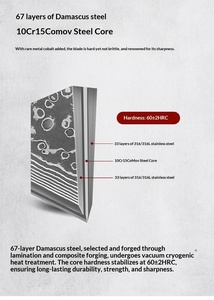 มีดซันโตะกุเหล็กดามัสกัสแบบดั้งเดิมของ XF กวางตุ้ง ขนาด 8-9.9 นิ้ว คมกริบพิเศษ ใช้งานได้ทั้งสองมือ ด้ามไม้ทรงตัวอย่างดี หรูหรา - Product Image 2