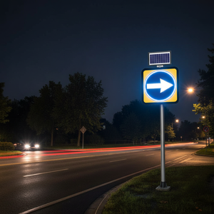 Panneau de signalisation routière réfléchissant à énergie solaire 60 x 60 cm, portée de clignotement LED de 500 m, panneau d'avertissement/consigne de direction obligatoire à droite - Product Image 3
