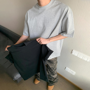 Fabricants de vêtements en gros, t-shirt lourd 300 g/m², t-shirt uni à col rond gris, coton basique, manches courtes - Product Image 2