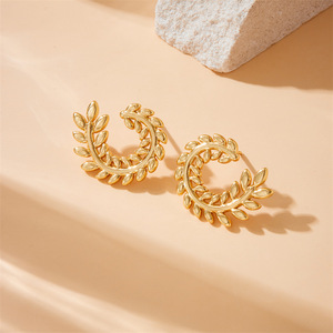 Gold Plated Wheat Earrings <b>Huggie</b> Stainless Steel Fashion Dangle Earrings Plant Shape E6055 - Product Image 2