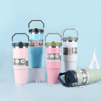 Gobelet isolé en acier inoxydable de 20oz 30oz avec main et paille à rabat Tasse de voyage étanche avec support pour voiture pour flacons sous vide