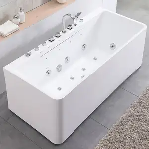 Rectangular bathroom glossy white adult freestanding indoor waterfall whirlpool massage bathtub with colorful air jet