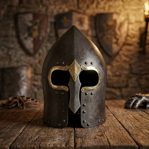 Casque de Chevalier Médiéval en Laiton et Acier, Casque Viking Lough Henney, Armure de Chevalier Médiéval en Laiton Plaqué Acier - Product Image 1