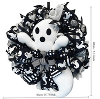 Couronne fantôme artisanale directement de l'usine, design chapeau de sorcière avec ruban en maille pour décoration extérieure de porche d'Halloween, vente en gros