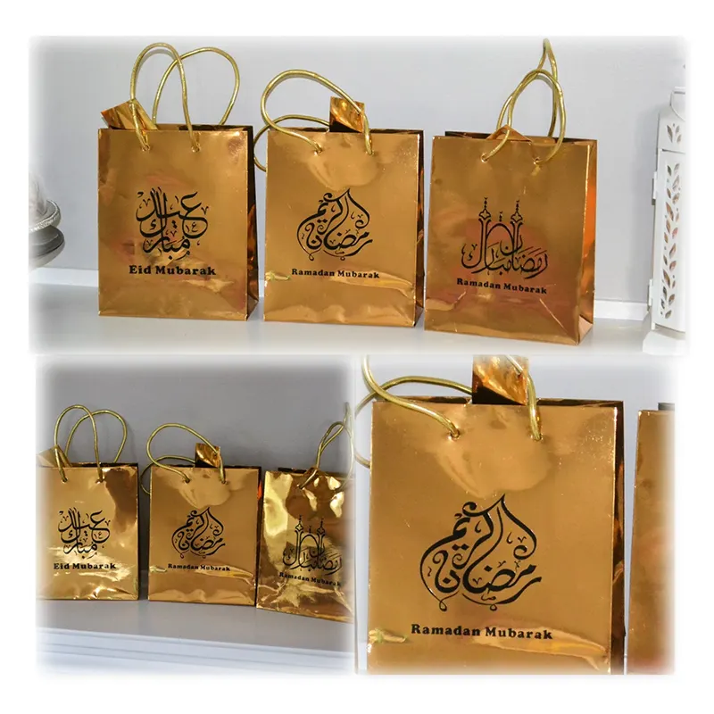 Logo personnalisé feuille d'or impression Ramadan Kareem faveurs Eid Mubarak paquet cadeau fêtes islamiques sacs en papier
