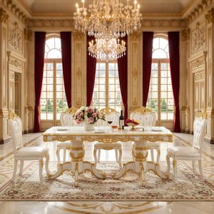 European French Style Carved Solid Wood <b>Dining</b> <b>Table</b> Set Antique Design <b>White</b> Gold Finish 8 Seater <b>Dining</b> <b>Dining</b> Room Furniture - Product Image 6