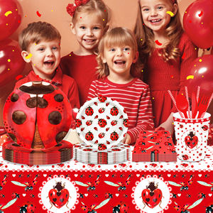 Huancai <span class=keywords><strong>coccinelle</strong></span> fête fournitures assiettes en papier rouge tasses serviettes vaisselle jetable ensemble pour enfants décorations de fête d'anniversaire - Product Image 5
