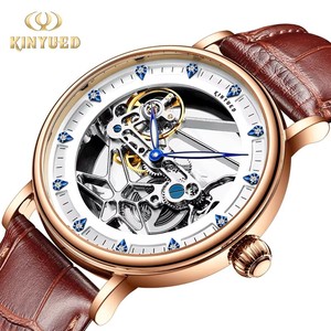 Envío Directo KINYUEDJ-134 Reloj Mecánico para Hombre con Movimiento Automático, Correa de Cuero, Diseño Esqueleto con Índices de Diamantes - Product Image 3