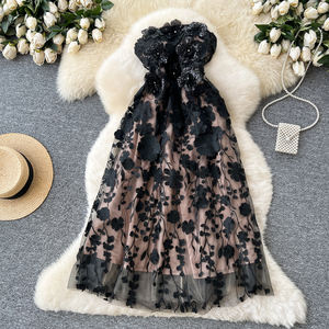 Dress Prom wanita, gaun pakaian 3D bordir bunga setengah panjang untuk wanita Midi tanpa tali sulaman renda - Product Image 3