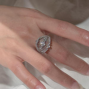 S925 Pure Silver Lace Ring Luxury <b>French</b> <b>Vintage</b> Carved Open Ring Simple Fashionable Adjustable Inlay with Number Shape - Product Image 2