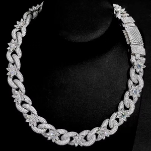 <span class=keywords><strong>Cadena</strong></span> de eslabones cubanos Miami con diseño de flor, de plata de ley 925, con moissanita de color D de 16 mm y 18 GRA, con incrustaciones de circonitas, que pasa la prueba del probador, para hombre - Product Image 2