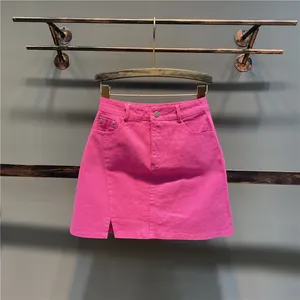 Falda de mezclilla de Color liso para mujer, falda de cintura alta, informal, holgada, A la moda, acampanada, para verano