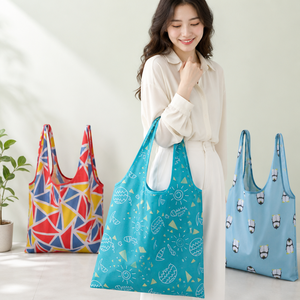 Sacs de courses écologiques imprimés réutilisables, 2 tailles, 56x40cm, imperméables, pliables, avec fermeture à cordon, poche intérieure en polyester - Product Image 1